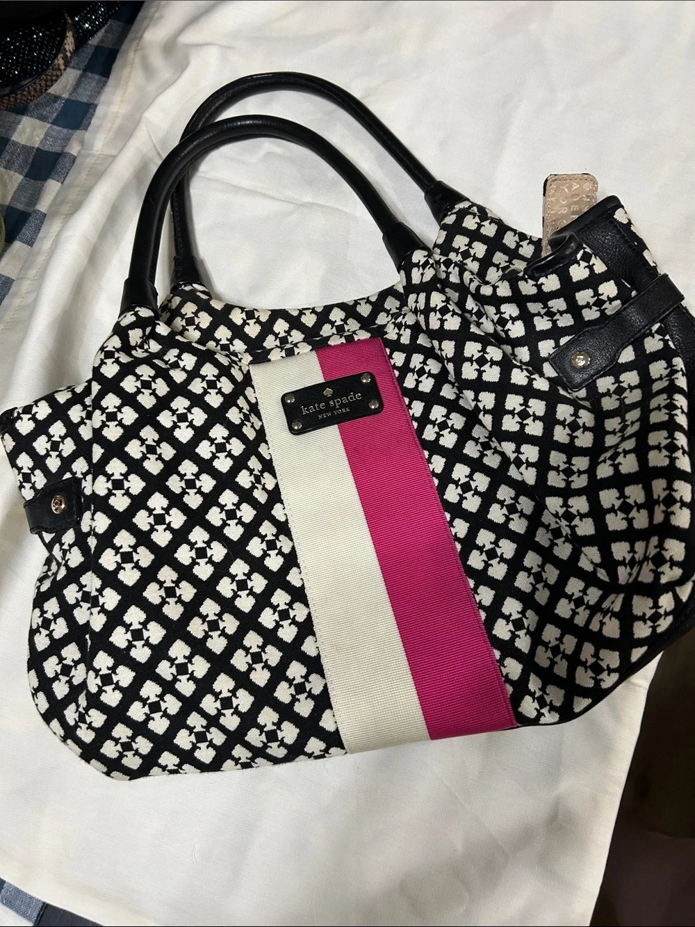 kate spade Black & White Geometric Tote with Pink Stripe